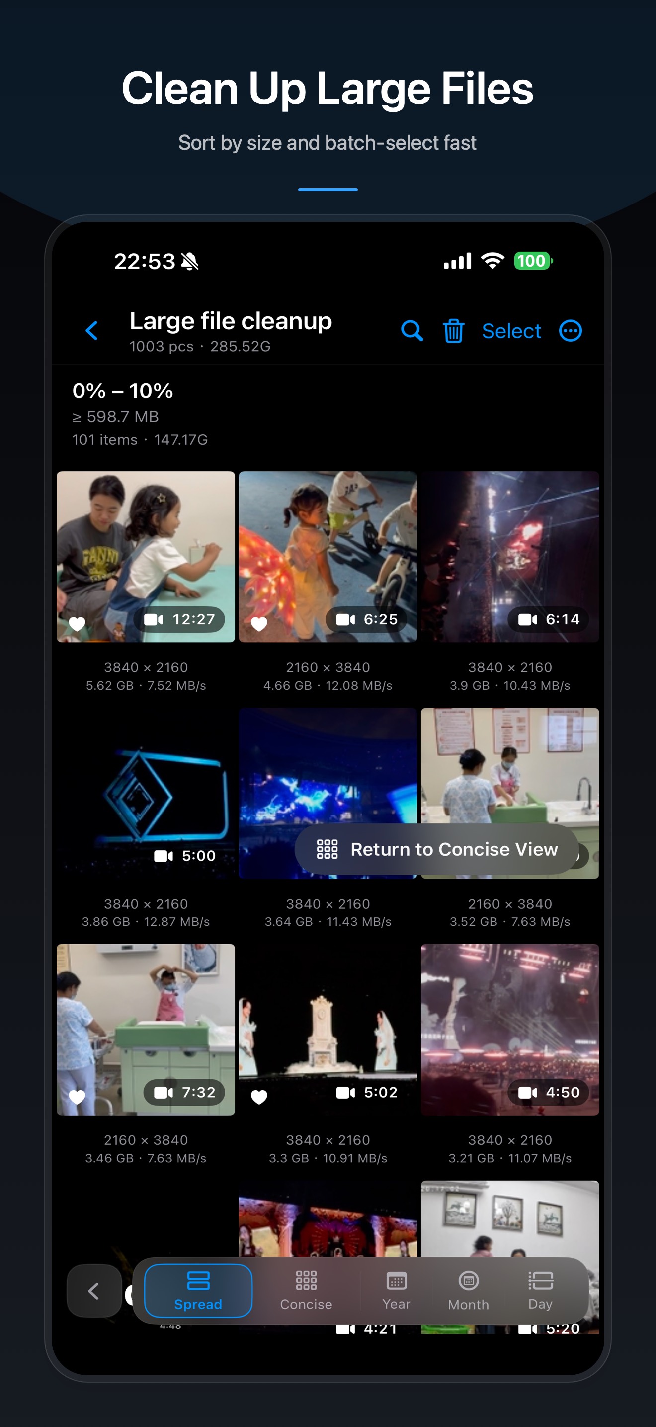 Photos Slim large-file cleanup screen showing oversized media candidates and batch review controls
