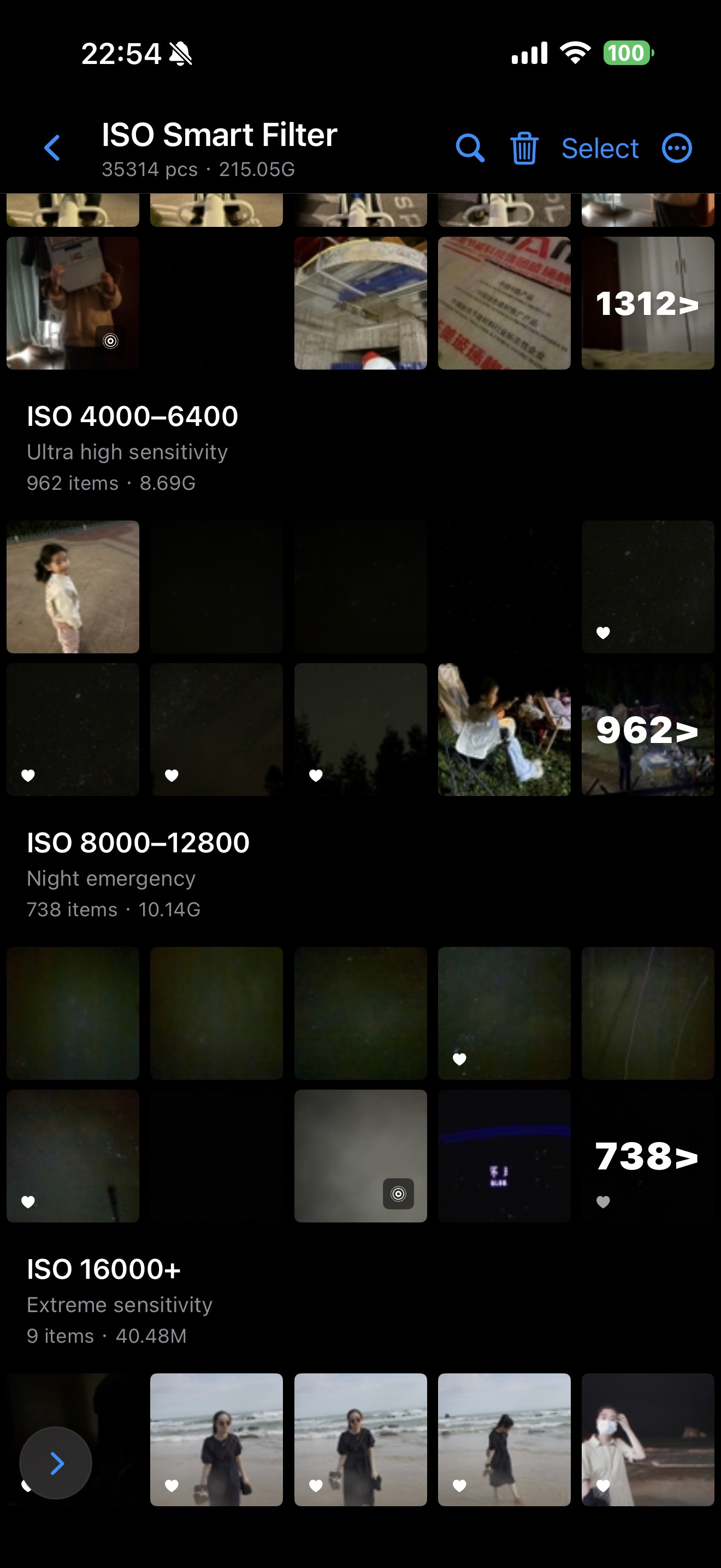 Photos Slim filter-by-settings screen showing buckets for ISO, shutter, and other shooting conditions