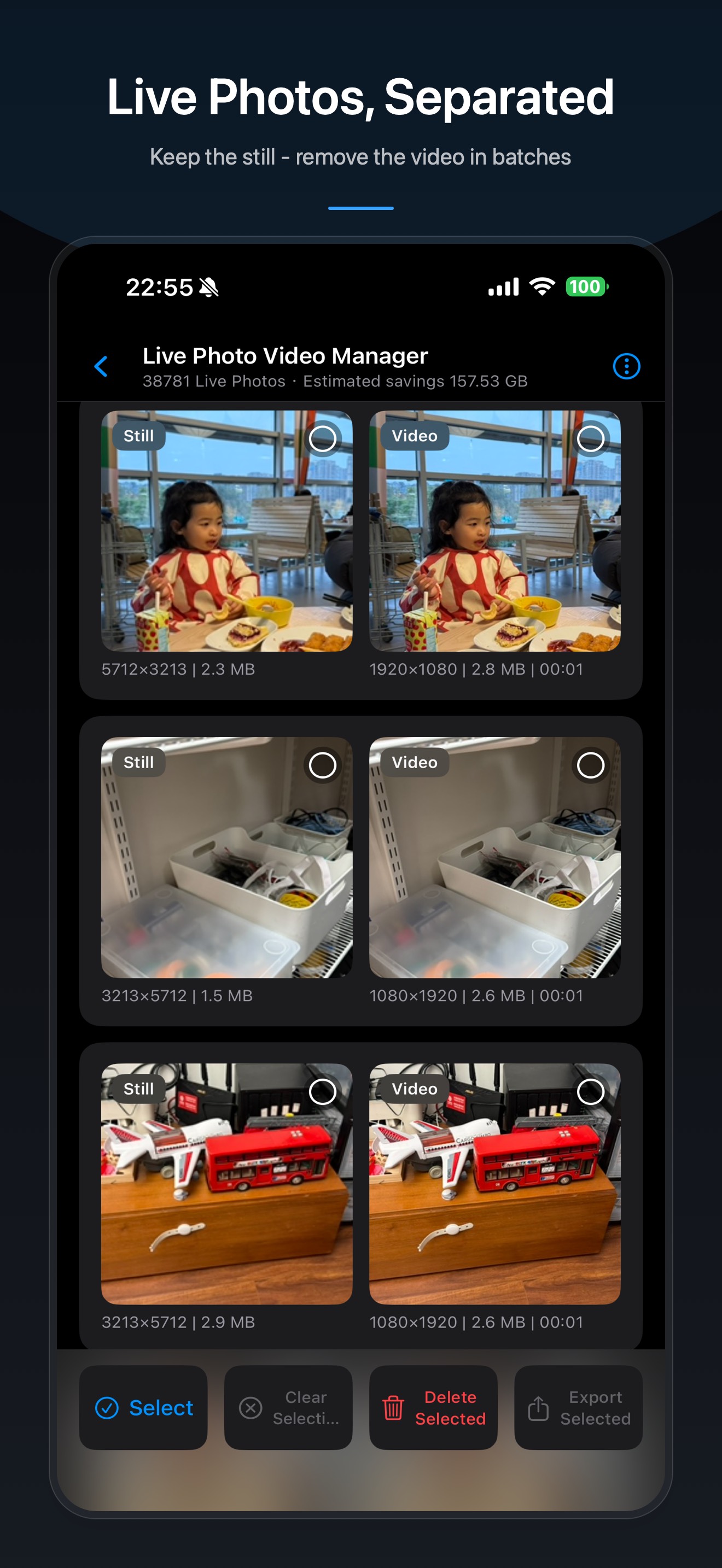 Photos Slim Live Photo separation screen showing the still and motion parts as separate review targets