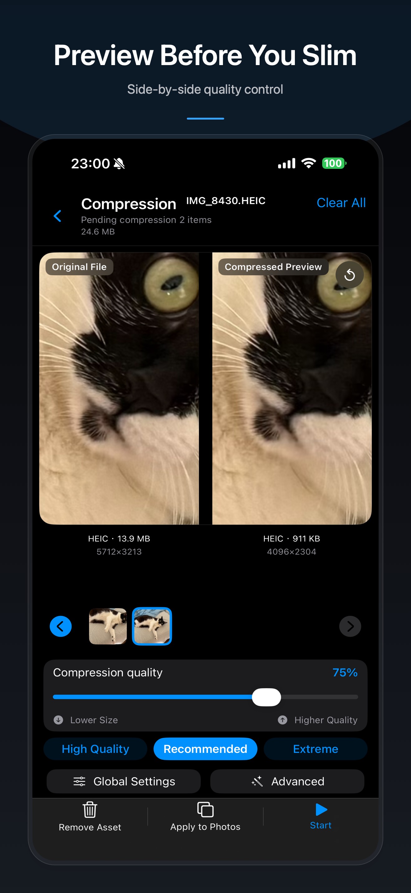 Photos Slim compression preview screen with side-by-side original and compressed image comparison plus quality controls