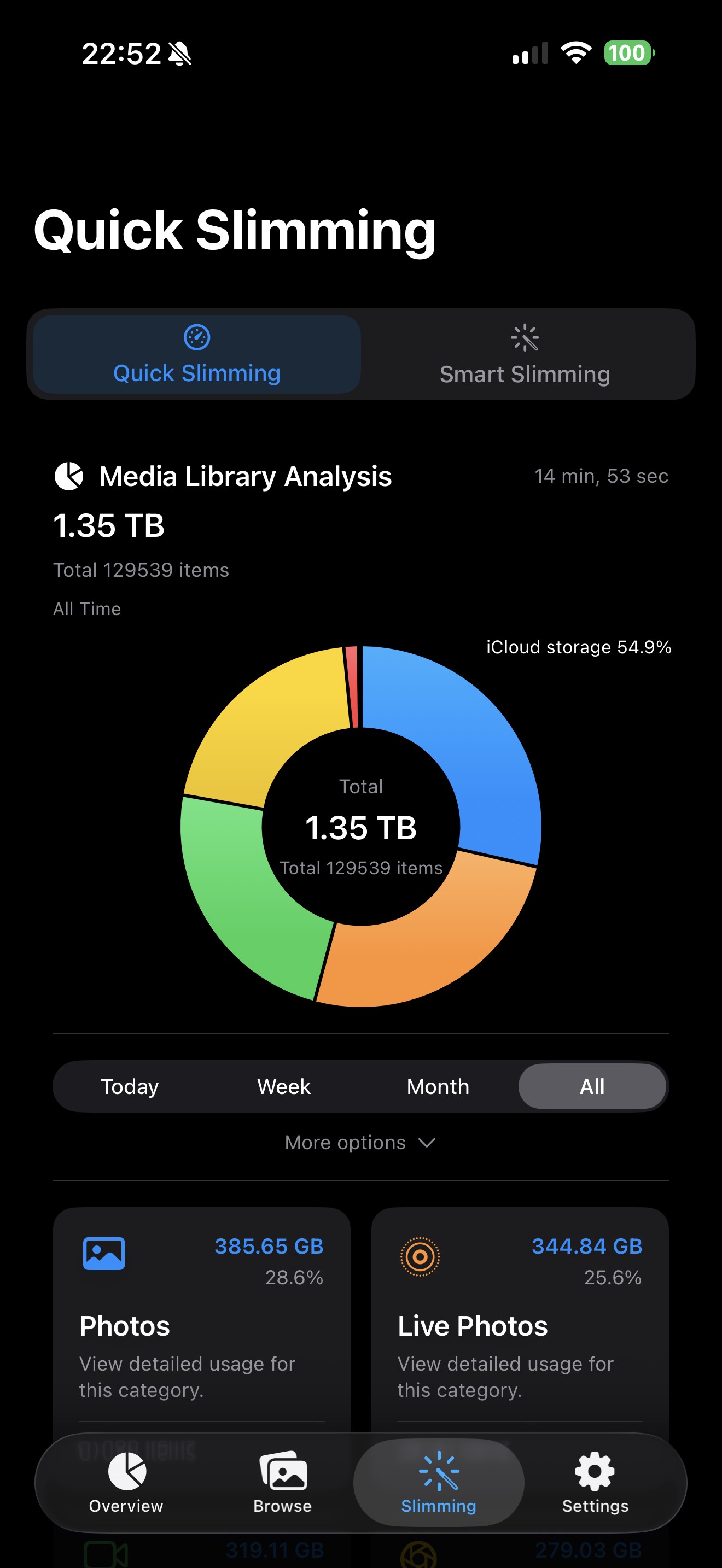 Photos Slim quick slimming screen showing category-based storage breakdown and entry cards