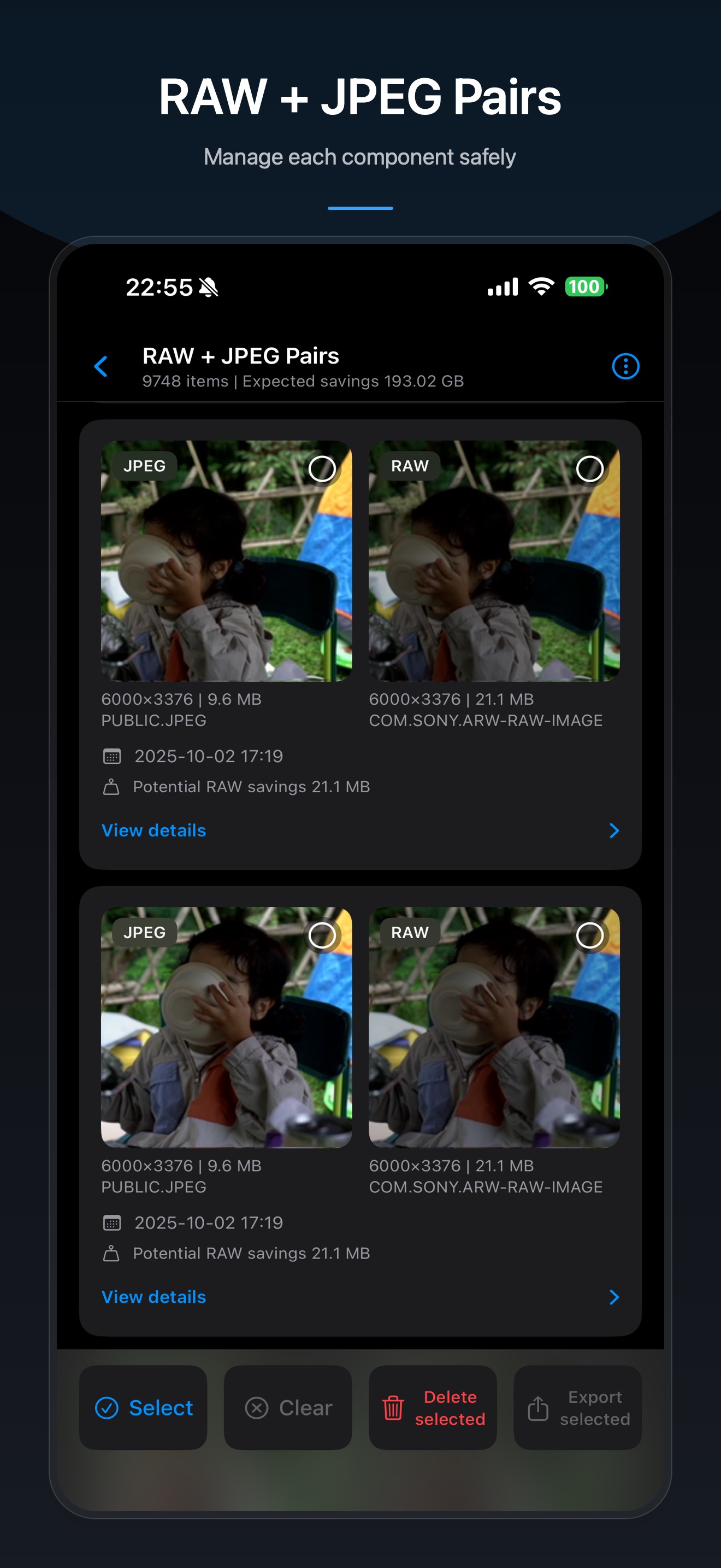 Photos Slim RAW and JPEG pair management screen showing paired assets and their size details