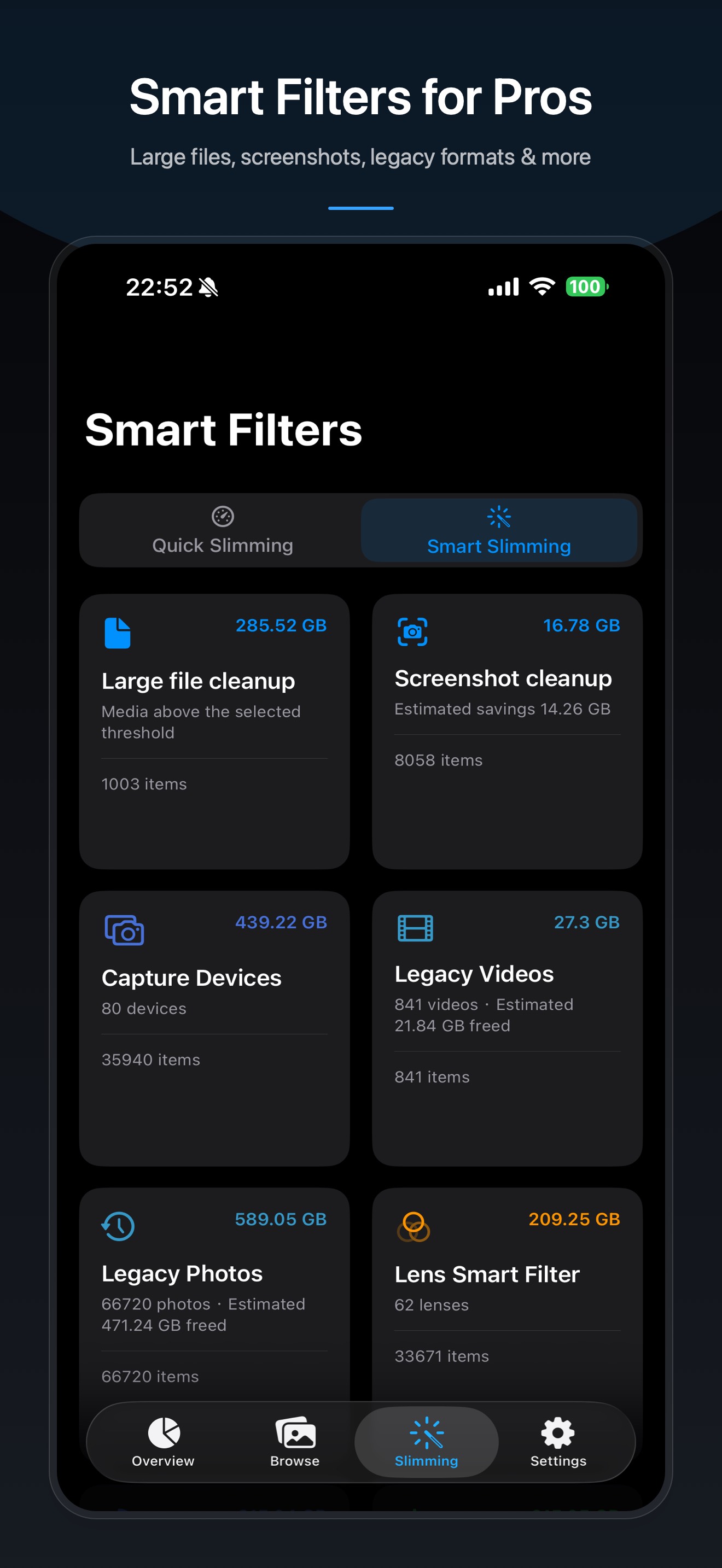 Photos Slim smart-filter screen showing large files, screenshots, capture devices, legacy videos, legacy photos, and lens-based filters