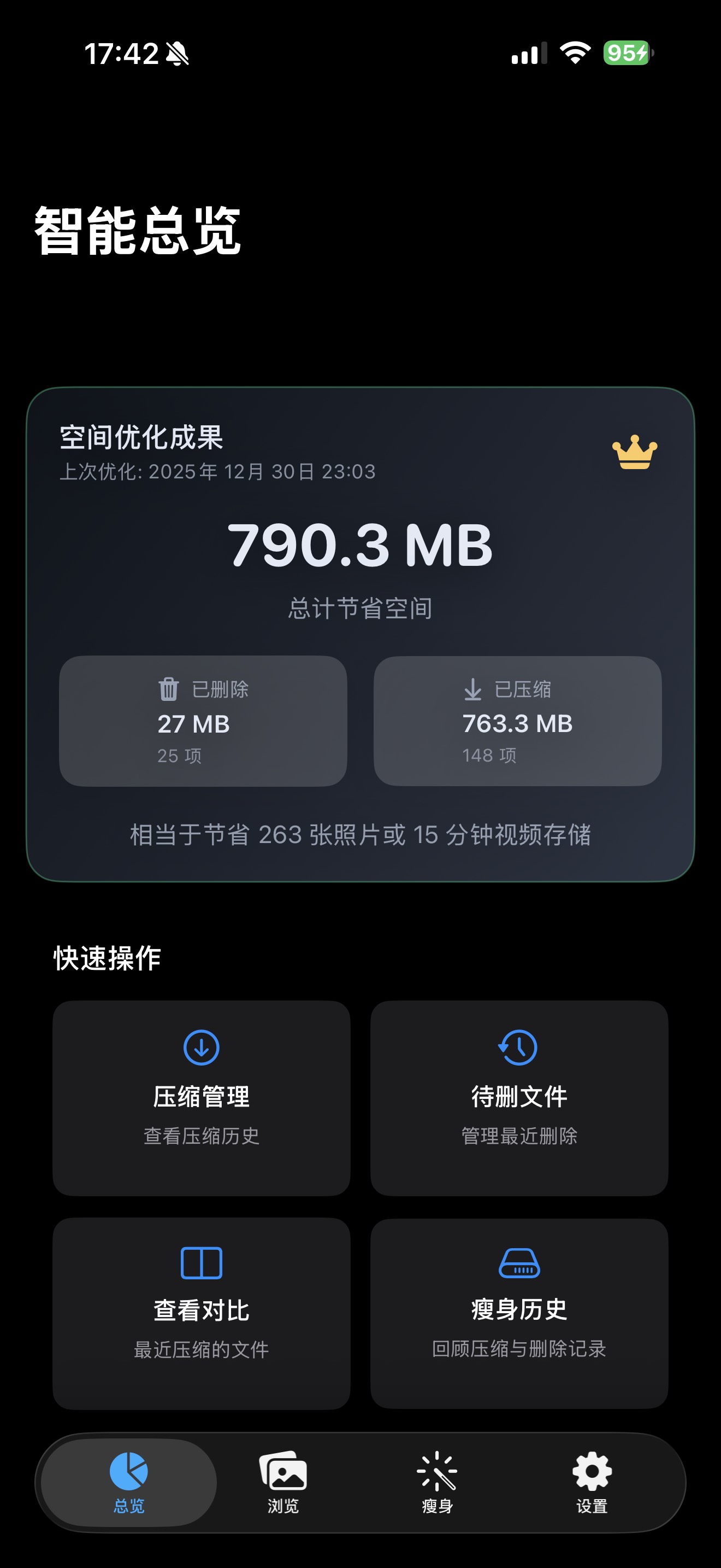 Photos Slim 智能总览页截图，展示当前可节省空间、总文件与多种入口概览